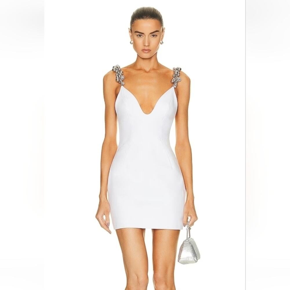 AREA Grape Cluster Dress in White Sleeveless Beaded Straps Medium Mini Deep V